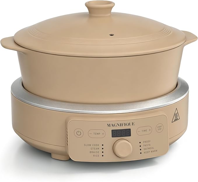 MAGNIFIQUE Slow Cooker, 4.5 Quart 8-in-1 Clay Pot Multi-Cooker, Non-Toxic Slow Cooker with Removable Clay Pot, for Rice, Pasta, Steam & Proof, Nonstick, Oven Safe Pot to 500°F, Brown