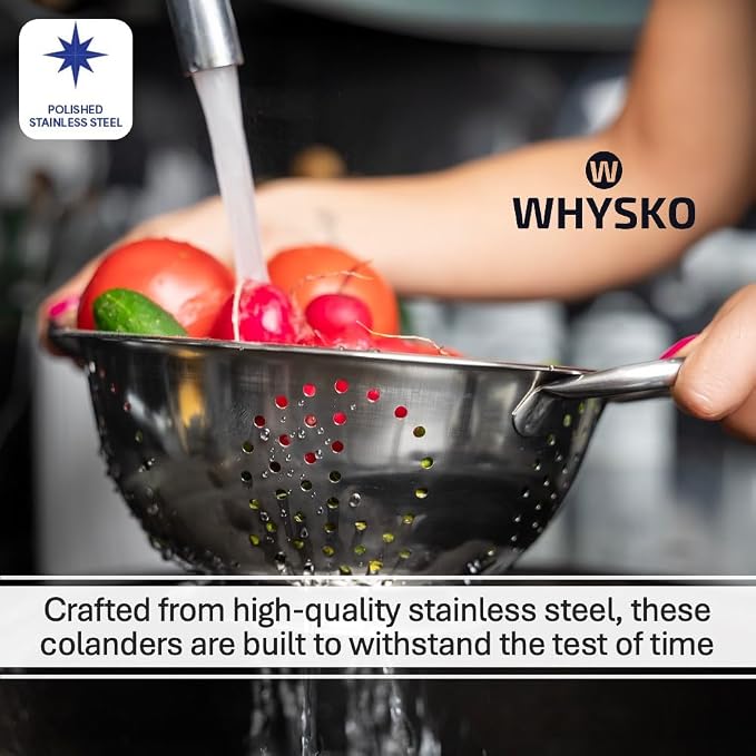 3-Pack Stainless Steel Colander Set, 5, 3 & 1 Qt with Handles | Durable Metal Kitchen Strainers Set with Heat Resistant Handles for Pasta and More, Rustproof and Dishwasher Safe
