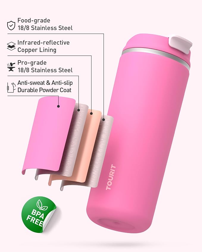 TOURIT 16 oz Insulated Stainless Steel Travel Mug with Lid, Leak-Proof Double-Wall Vacuum Tumbler, Reusable Coffee Cup - Pink