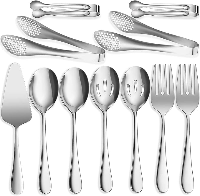 11 PCS Serving Utensils, Large Stainless Steel Spoons Forks Tongs, Pie Server, Great for Hostess Buffet Catering Banquet Party, Silver