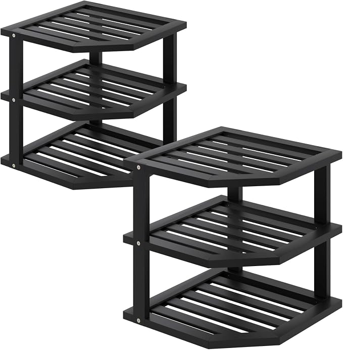 VERTORGAN 3 Tier Bamboo Dish Drying Rack,Corner Shelf 2 Pack(Black) | Pantry Storage,Dish Rack,Spice Rack,Corner Organizer,Kitchen Counter Shelves,Kitchen Storage,Holds Plates