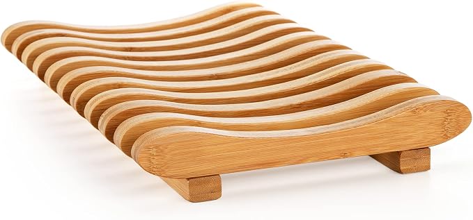 Frcctre Bamboo Dish Drying Rack, 10 Slots Bamboo Cabinet Plate Stand Dish Drainer Wooden Plate Rack Pot Lid Holder Kitchen Dish Plate Storage Organizer for Countertop Cabinet