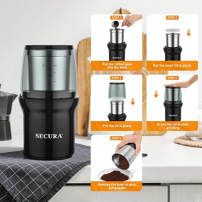 Secura Electric Coffee Grinder and Spice Grinder with Stainless Steel Blades, 2 Removable Bowls, Black