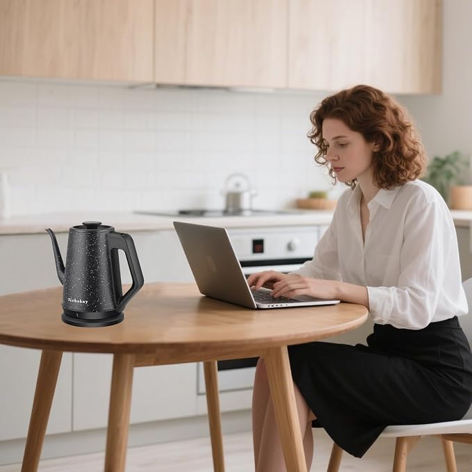 Gooseneck Electric Kettle 1L, 1000W Stainless Steel, Black | Precise Pour Over Coffee & Tea, Auto Shut-Off, BPA-Free, Black Star Design, for Dorm & Office