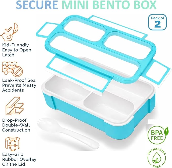 kinsho Small Snack Containers for Kids, Set of 2 (Pastel Blue+Teal Sparkle) | 3 Compartments, Leak-Proof, Spill Proof, BPA-Free Reusable Small Mini Bento Lunch Box for Daycare School Travel, Holds 2 Cups