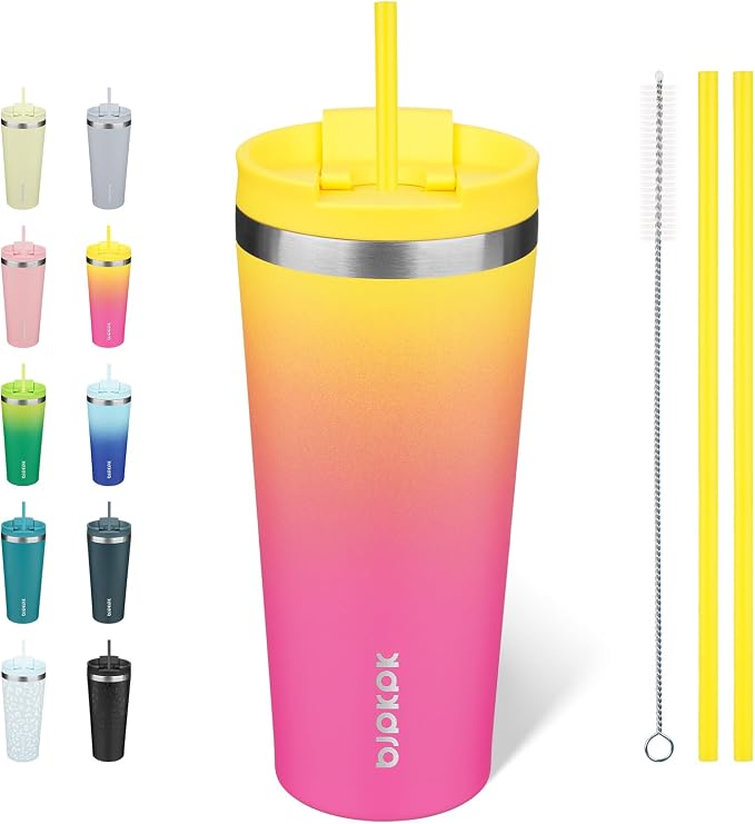 BJPKPK 22 oz Coffee Tumbler with Straw, Insulated Stainless Steel Cup | Double Wall Vacuum, Leak Proof Lid, Keeps Hot/Cold/Iced, BPA Free, Dishwasher Safe, Cupholder Fit, Travel, Pink Yellow Rose