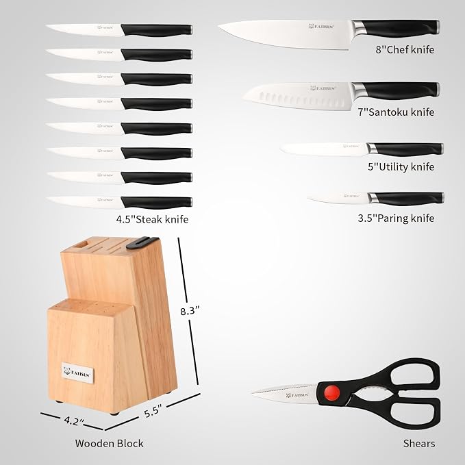 15-Piece ABS Handle Knife Set with Natural Block | ABS Ergonomic Handles For Kitchen Chef Blades & Serrated Steak Knives. Includes Built-In Sharpener Rod & Shears