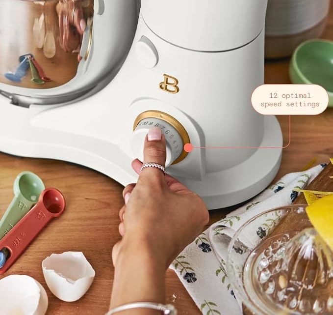 Beautiful 3.5 Qt Stand Mixer by Drew Barrymore, 12-Speed, White Icing | Tilt-Head Design, Stainless Steel Bowl, Dough Hook Included, Wire Whisk Included, Splash Guard Included