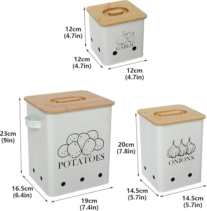 Kitchen Canisters Set, Storage Bin for Potato Onion & Garlic, 3 Pack Set Countertop Pots Containers with Wooden Lid - Potato Storage, Garlic Bin, Onion Keeper Tin with Aerating Holes-White