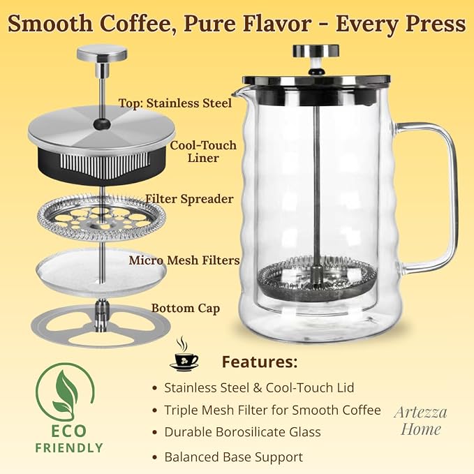 Glass French Press Coffee Maker, Heat Resistant Borosilicate Glass (34oz Wavy)