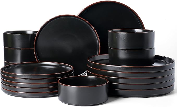 Famiware Nebula Ridge 18-Piece Stoneware Dinnerware Set, Matte Black | Plates and Bowls for 6, Warm Hand-Painted Rims, Microwave and Dishwasher Safe, Daily Essentials