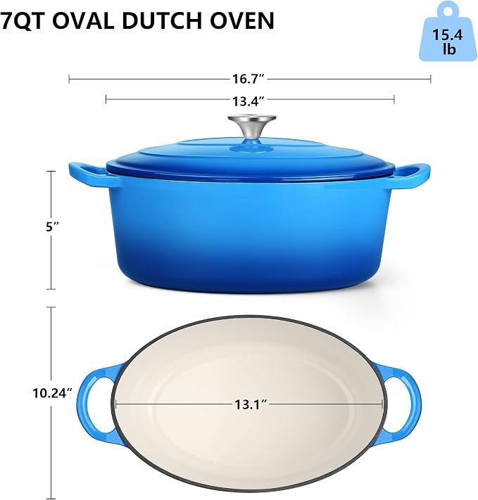 TeamFar 7QT Oval Dutch Oven, Enameled Cast Iron Dutch Oven Pot with Lid | For Bread Baking/Stewing/Braising/Frying, Suitable for Various Stoves, Non-stick & Easy Clean, Blue