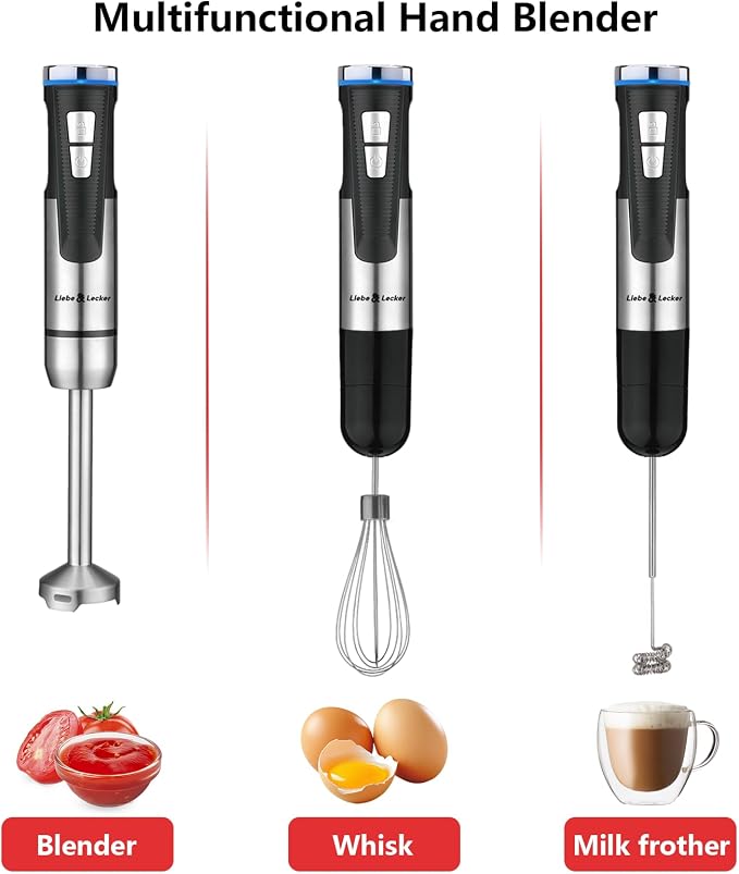 Liebe&Lecker Cordless Immersion Blender, 3-in-1 Handheld Stick Blender | Rechargeable Electric Mixer Set with Whisk & Milk Frother, 8-Speed Hand Blender for Shakes, Soups, Coffee, Zero BPA (Black)