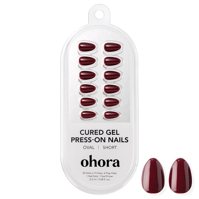 ohora Gel Press On Nails | Red, Solid, Short Oval | Allure Burgundy | Salon-Quality, 100% Real Gel, No UV Lamp, No Glue, Non-Toxic | 15 Sizes, 30 Tips | Long Lasting, press on short