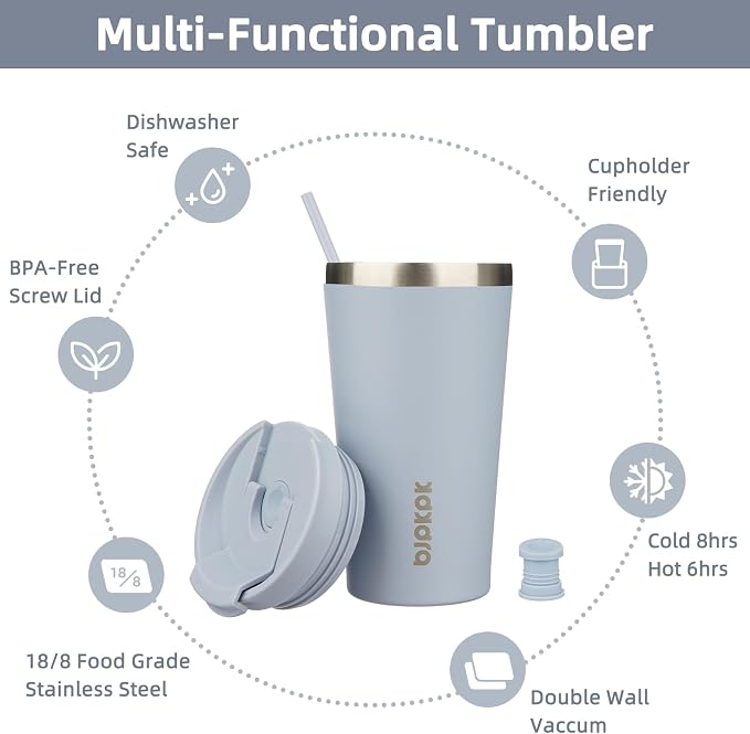 BJPKPK 18 oz Coffee Tumbler with Straw, Insulated Stainless Steel Cup | Double Wall Vacuum, Leak Proof, Keeps Hot/Cold, BPA Free, Dishwasher Safe, Cupholder Friendly, Travel, Modern Blue