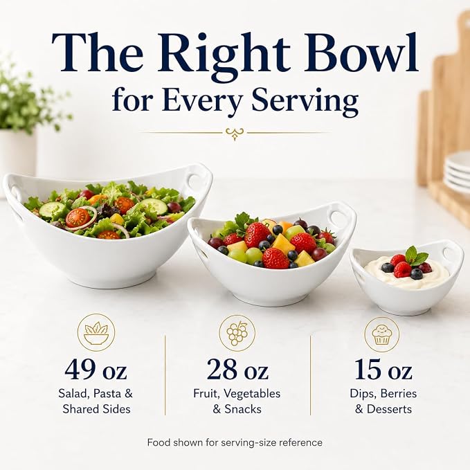 Ceramic Serving Bowls with Handles, Large Salad Bowl Set for Entertaining, Mixing, Serving Dishes for Parties, Kitchen, Housewarming & Everyday Use, Set of 3, 15/28/49 oz