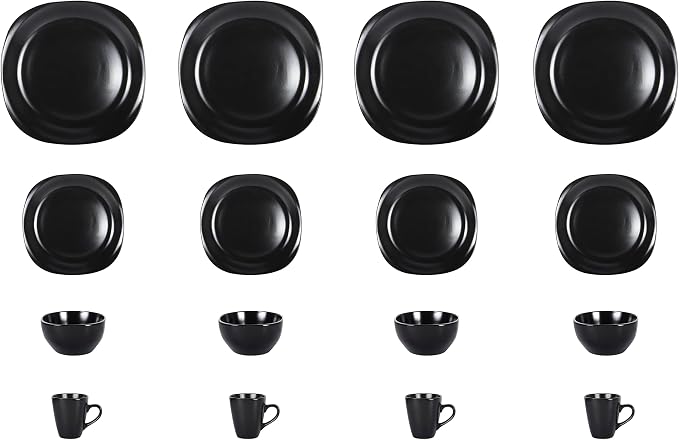 HomeVss, Stoneware Square 16pc Dinnerware Set, Matte Black