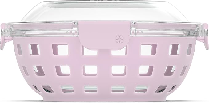 Ello DuraGlass Food Storage Glass Lunch Bowl Container - Meal Prep Container with Silicone Sleeve and Airtight Lid, 5 Cup, Cashmere Pink | Leakproof glass meal prep salad bowl. BPA-free lid, silicone sleeves, great for meal prepping, food storage, and ...