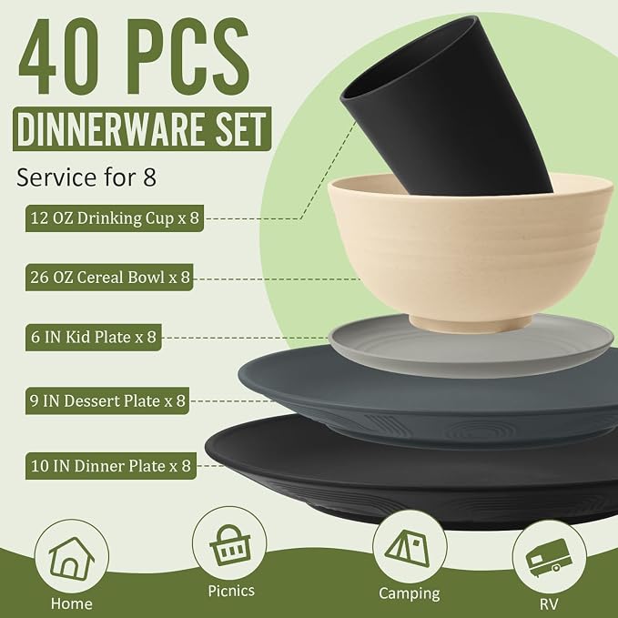 40 PCS Wheat Straw Dinnerware Set | Service for 8 Plastic Dishes Set Unbreakable Plates and Bowls Sets, Drinking Glasses, Dishwasher and Microwave Safe Dish Set for KItchen - Gray Stone