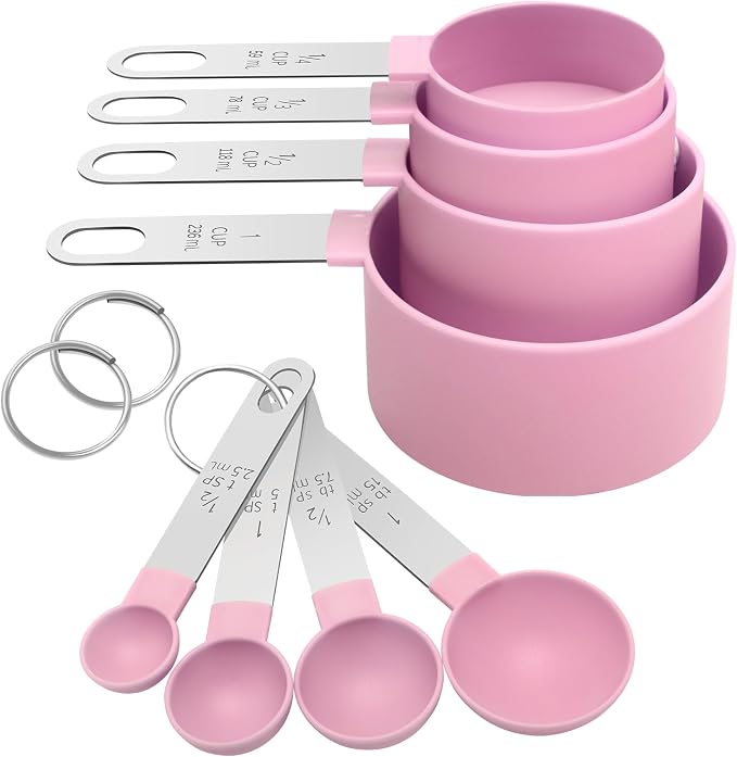 Measuring Cups Set Measuring Spoons Set, Nesting Measure Cups with Stainless Steel Handle, For Measuring Dry and Liquid Ingredients Small Teaspoon with Plastic Head (Pink)