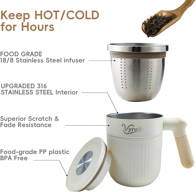 Tea Infuser Cup Doubles As Insulated Coffee Mug, Tea Cup With Lid And Handles, Removable Stainless Steel Tea Strainers For Loose Tea (White)