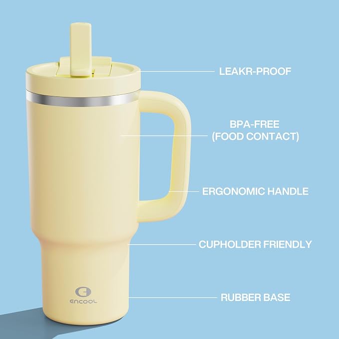 ENCOOL 32 oz Tumbler with Handle and Straw: Stainless Steel Insulated Tumbler Keeps Cold for 24 Hours, Leakproof Travel Cup Fits in Cup Holder and BPA-Free,Light Vanilla
