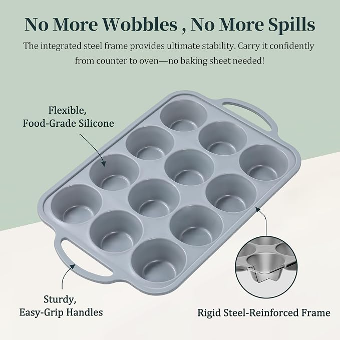 12-Cup Mini Silicone Muffin Pan with Reinforced Steel Frame,Metallic Silver | Regular Size Cupcake Pan, BPA Free Silicone Muffin Tray, Reinforced Steel Frame for Stability, Easy Baking & Cleanup, 2Pk