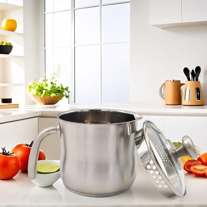 1.8-Quart Stainless Steel Saucepan with Pour Spout & Glass Lid – Perfect for Boiling Milk, Making Sauces, Gravies, Pasta & Noodles | No Coating, Easy Clean, Kitchen Essential