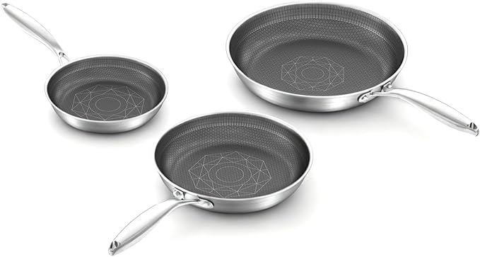 COOKER KING Nonstick Frying Pan Set of 3 (8+10+12 Inch),Stainless Steel Pan | Induction Pan, Non stick Skillet, Easy-Clean, Non-Toxic, Fast & Even Heating, Oven & Dishwasher Safe, Stay-Cool Handles