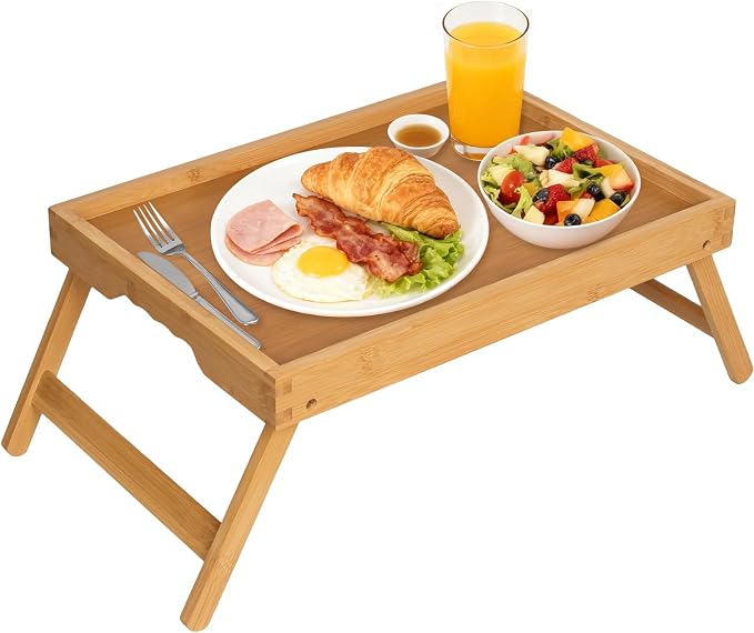 Artmeer FSC 100% Bamboo Bed Tray with Folding Legs, Large, Natural | Large FSC 100% bamboo bed tray with folding legs, handles and raised edges for meals, laptops, reading and serving.