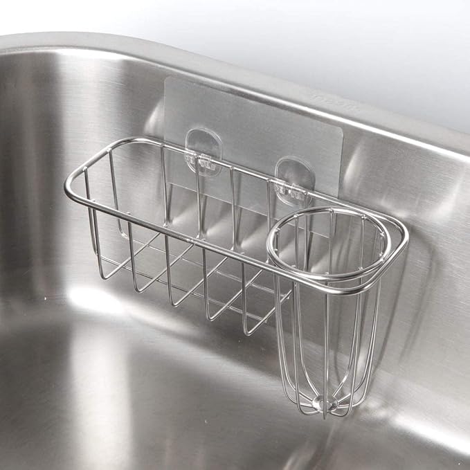 HULISEN Kitchen Sponge Holder, Stainless Steel Sink Caddy with Brush Holder | No-Drill Setup, In-Sink Adhesive Mount, Open Grid Drainage, Sink Strainer, Soap and Scrubber Storage, Rust-Resistant