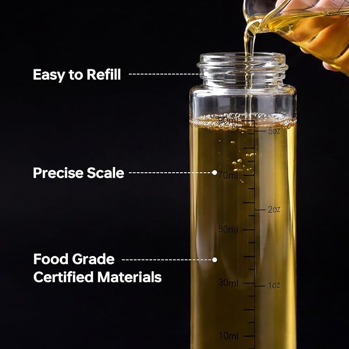 4 Pack 100ml Glass Olive Oil Sprayer with Scale & 4 Label Stickers, Refillable Fine Mist Oil Dispenser for Air Fryer, Salad, Baking, Grilling, Frying