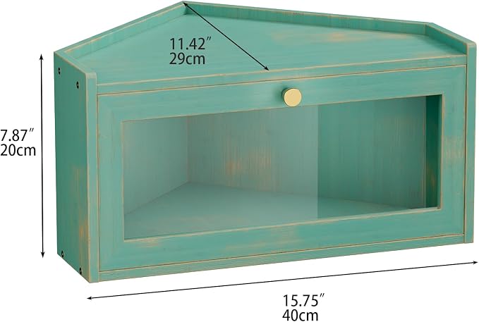 Trironsun Corner Bamboo Bread Box for Kitchen Counter Large Rustic Bread Storage Container with Acrylic Door Space-Saving Vintage Bread Keeper for Homemade Bread (Antique Blue)