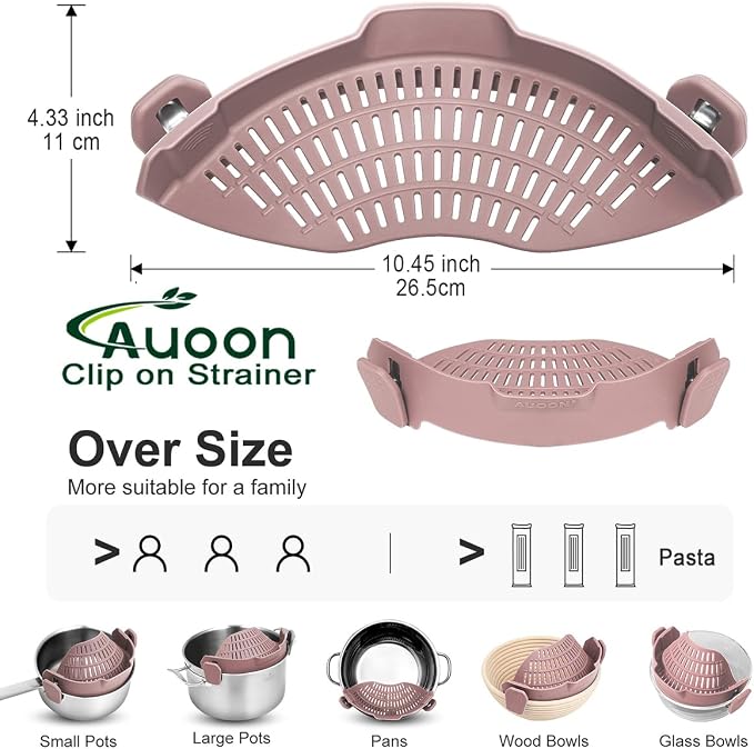 AUOON Pot Strainer Clip on Silicone, Large 10.45 x 4.33 in, Almond Rose | Fits Pots Pans Bowls, Dishwasher Safe, for Pasta Noodles Vegetable Fruits, Space-saving Kitchen Gadget