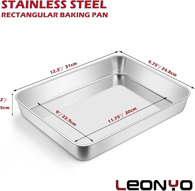 Leonyo Stainless Steel Baking Pans Set of 2, 12⅓ x 9¾ x 2 Inch Cake Pan, Nonstick & Heavy Duty, Deep Rectangular Lasagna Pan Sheet Bakeware for Focaccia, Bread, Brownies, Casseroles Dish