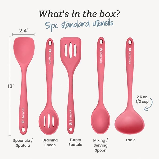 Starpack Stir and Serve Silicone Cooking Utensils Set (5-Piece, 11") - LFGB Non Toxic, 600°F Heat Resistant, BPA-Free - One-Piece Seamless, Dishwasher Safe - for Nonstick Cookware, Earthy Pink