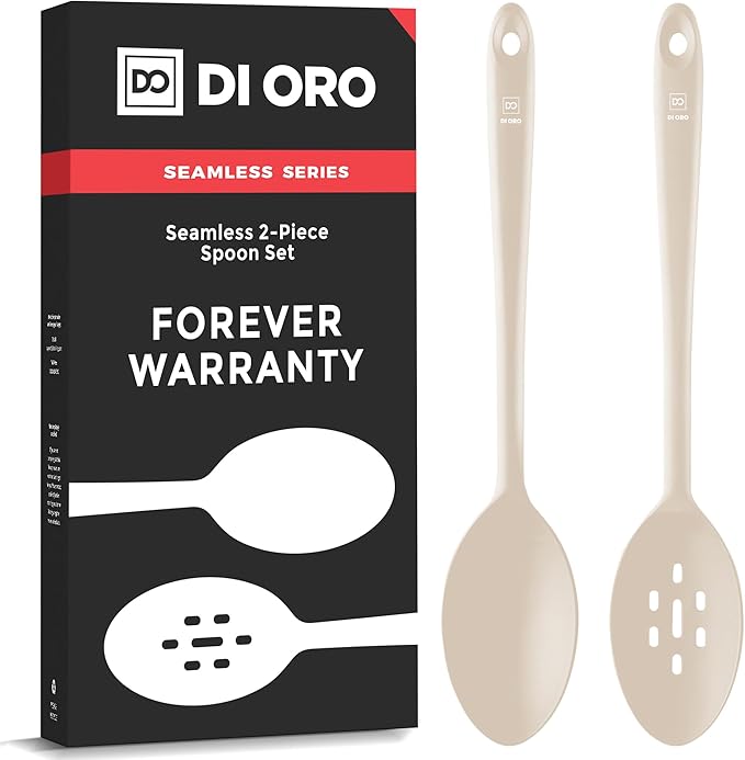 DI ORO Silicone Cooking Spoons - Solid & Slotted Set, 2-Pc Clay | Large heads for mixing, serving, and stirring; Heat-resistant to 600F for nonstick cookware; BPA-free and dishwasher safe