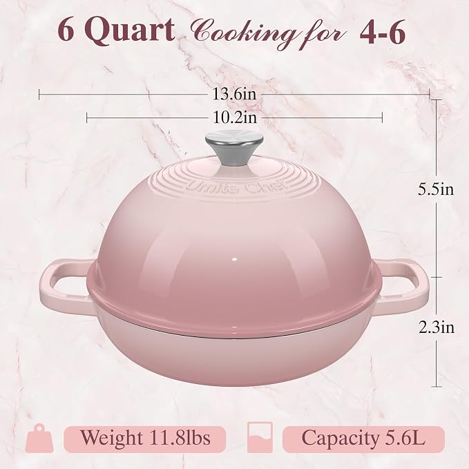 Cast Iron Dutch Oven Pot with Lid, Round Bread Oven for Sourdough Bread Baking, Umite Chef Enameled Cast Iron Bread Oven with Dome Lid & Cotton Potholders for Sourdough, Pink, 6 Quarts