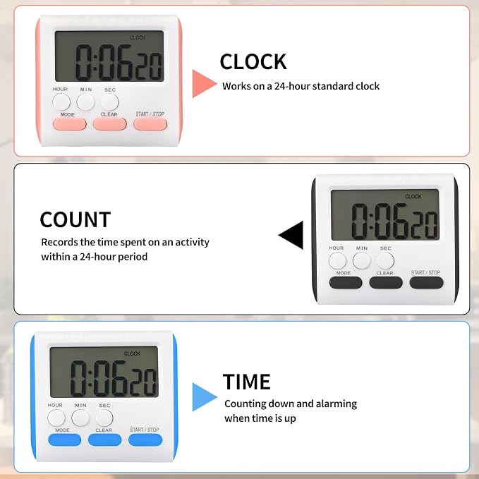 Mudder 12 Pack Digital Kitchen Timer for Cooking, Large Digits, 24 Hour Magnetic Backing Stand Kitchen Timers Clock for Classroom Kids Teachers, Loud Alarm and Large Screen (Mix Color)