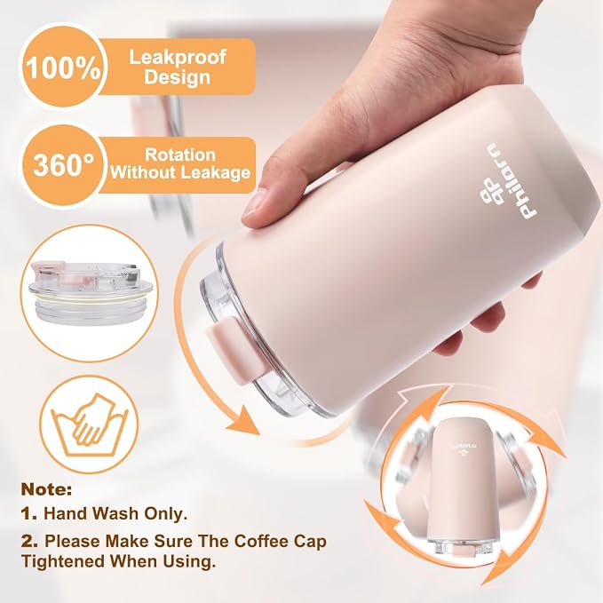 PHILORN Pink Coffee Tumbler - 12 OZ Insulated Coffee Mug With Lid | Leak Proof Thermo Cup for Hot and Iced Drinks, Stainless Steel Vacuum Pink Cup with Double Wall