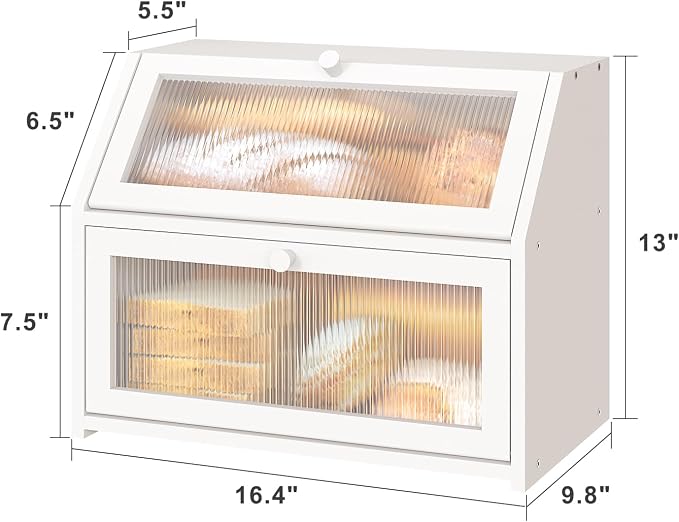 White Bread Box for Kitchen Counter, Large Bamboo Wood Double Layer Bread Box, Wooden Bread Storage Capacity
