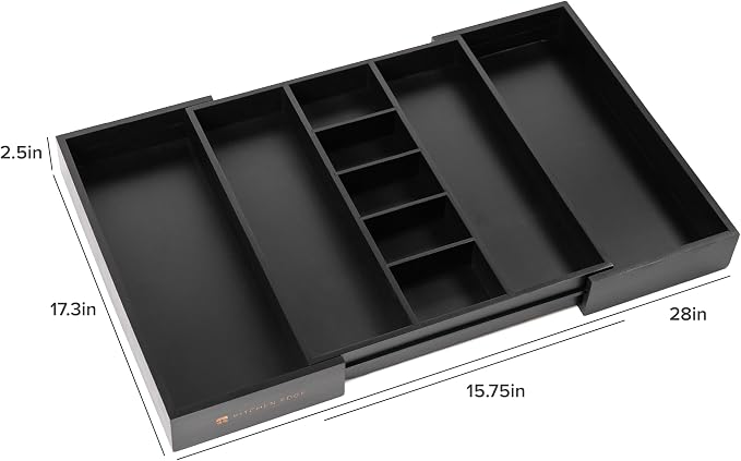 Utensil & Junk Drawer Organizer, 16-28 in, Black Bamboo | Food-safe contract grade, 100% sustainable wood, non-slip, adjustable