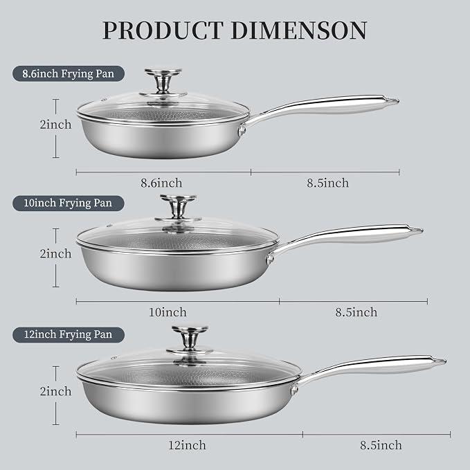 Innerwell Non Stick Frying Pans, Stainless Steel Pan Set with Lid | Honeycomb nonstick coating, PFOA-free. Cool-touch handles. Compatible with All Stoves. Oven Safe&Dishwasher safe.