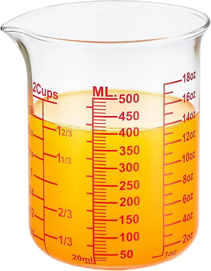 Ackers BORO3.3 High Borosilicate Glass Measuring Cup, Handleless Beaker with V-Shaped Spout, 500 ml (16 oz, 2 Cup)