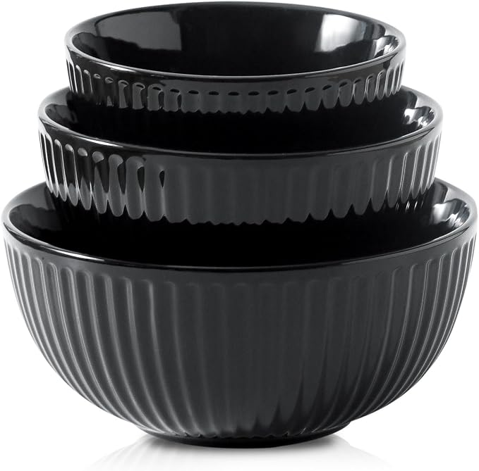 HASENSE Black Ribbed Porcelain Serving Bowls Set of 3 | 0.5/1/1.5 Qt Stackable Nesting Mixing Bowls, Large Prep Salad Pasta Fruit Bowls for Kitchen Baking Cooking Storage