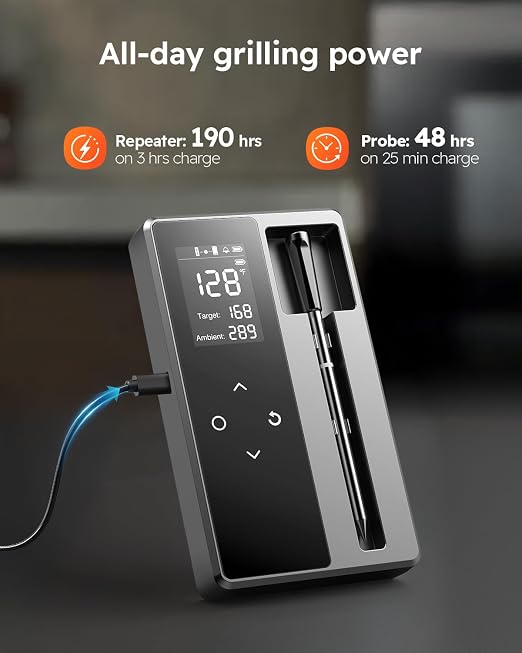 Smart Bluetooth Wireless Meat Thermometer Digital, Standalone Base | 6 Sensors Accuracy, Instant Read Food Thermometer for Cooking, Kitchen, BBQ, Grill, Oven, Smoker, Grey