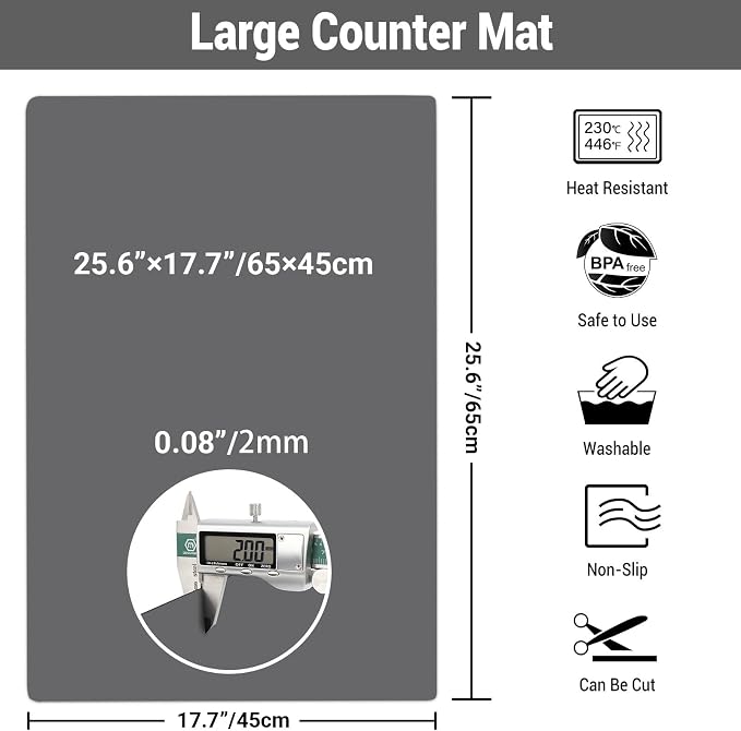 Ewen 25.6"x17.7"x0.08" Large Heat Resistant Silicone Mat for Kitchen Counter, 2mm Thick Countertop Protector Mat, Non-Stick Glass Top Stove Cover Pad for Appliances Coffee Maker Table Workbench Gray