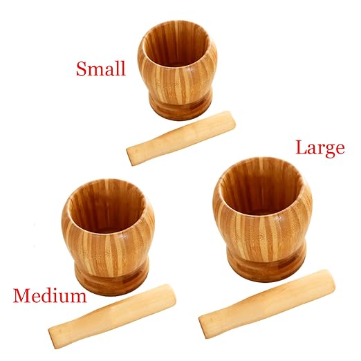 Wooden Pestle and Mortar Bamboo Bowl Set Guacamole Bowl Shell Garlic Pepper Press Mincer Grinder Chopper Crusher Molcajete Mixer for Guacamole,Herbs,Spices,Garlic,Medicine Pills,Seeds - Medium