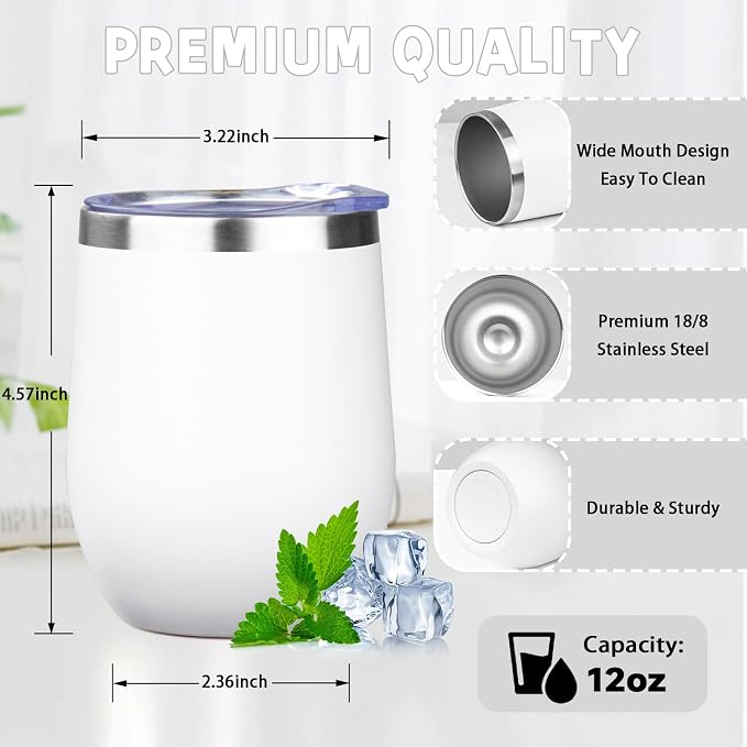 12oz/4 Pack Stainless Steel Wine Tumbler with Lid and Straw, Double Wall Vacuum Insulated Wine Tumbler Glasses, Stemless Travel Mugs for Hot and Cold Drinks, Coffee, Wine, Cocktails (White)