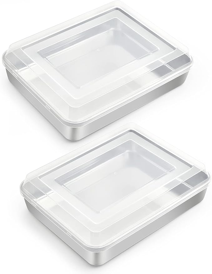 TeamFar Baking Pan with Lid, 9.3" x 7" Rectangule Cake Pans- 2Pans + 2Lids | Stainless Steel Lasagna Pans with Covers for Cake Brownie Casseroles, Birthday Party Outdoor, Healthy, Oven & Dishwasher Safe